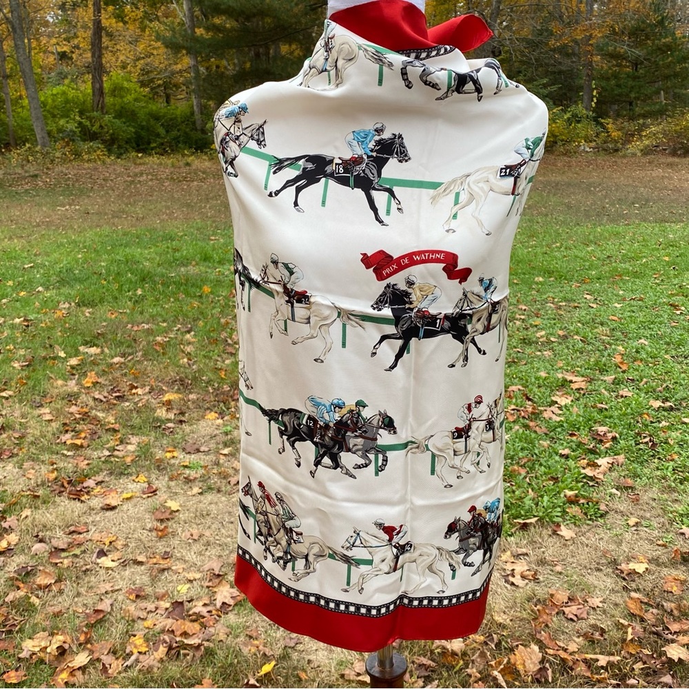 PRIX DE WATHNE SCARF HORSE RACE JOCKEYS EQUESTRIAN RED WHITE SILK VINTAGE
